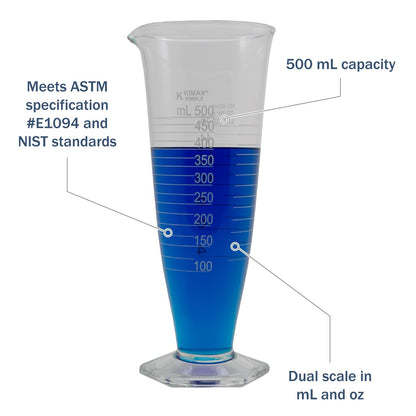 Kimax® Glass Pharmaceutical Dual-Scale Graduates 500 mL features