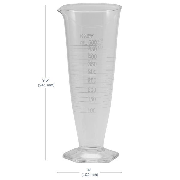 Kimax® Glass Pharmaceutical Dual-Scale Graduates 500 mL dimensions