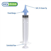 Ear wax removal syringe features a soft, tri-stream tip, flared design and controlled flow