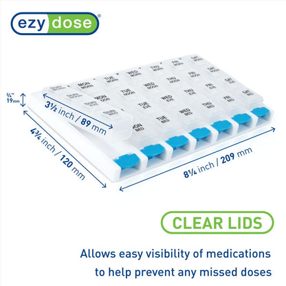 Weekly 4 times a day pill organizer has clear lids which allows visibility of medications to help prevent any missed doses