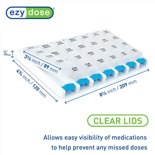 Weekly 4 times a day pill organizer has clear lids which allows visibility of medications to help prevent any missed doses