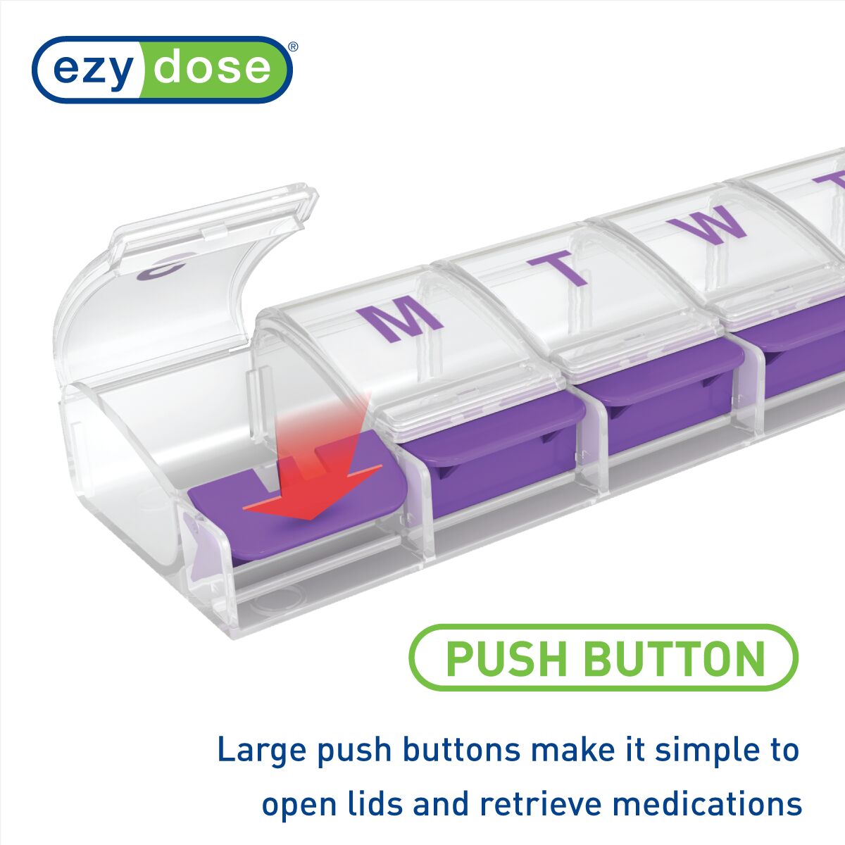The weekly pill organizer features large push buttons make it simple to open lids and retrieve medications
