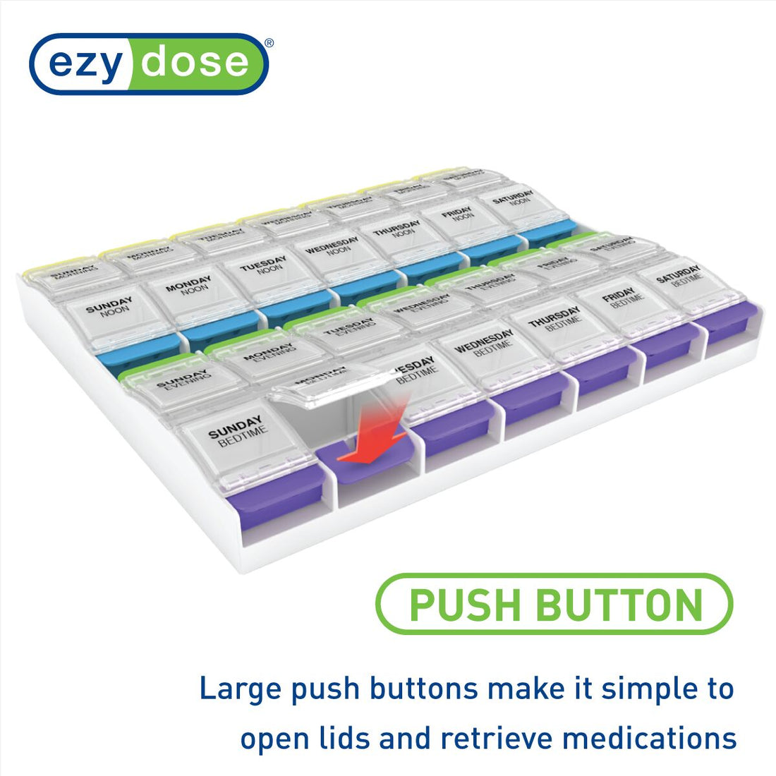 Weekly Medtime pill organizer is easy to open, large push buttons make it simple to open lids and retrieve medications
