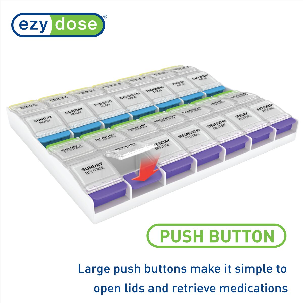 Weekly Medtime pill organizer is easy to open, large push buttons make it simple to open lids and retrieve medications