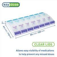 Ezy Dose® Push Button AM/PM Weekly Pill Organizer (XL) has clear lids, allows for easy visibility of medications