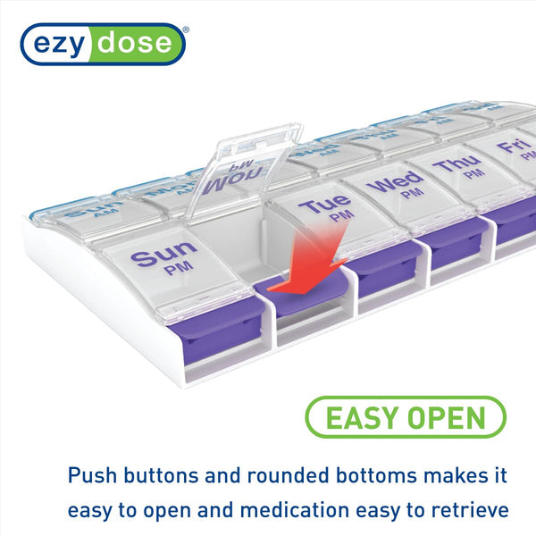 Ezy Dose® Push Button AM/PM Weekly Pill Organizer (XL) has push buttons and rounded bottoms makes it easy to open