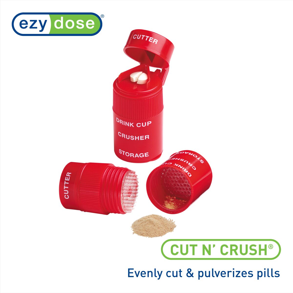 Pill cutter and crusher evenly cuts and pulverizes pills