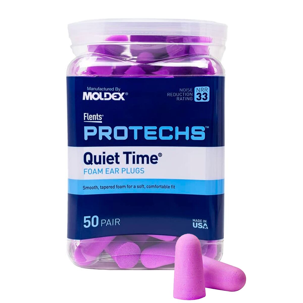 Front packaging image of quiet time foam earplugs, 50 pair