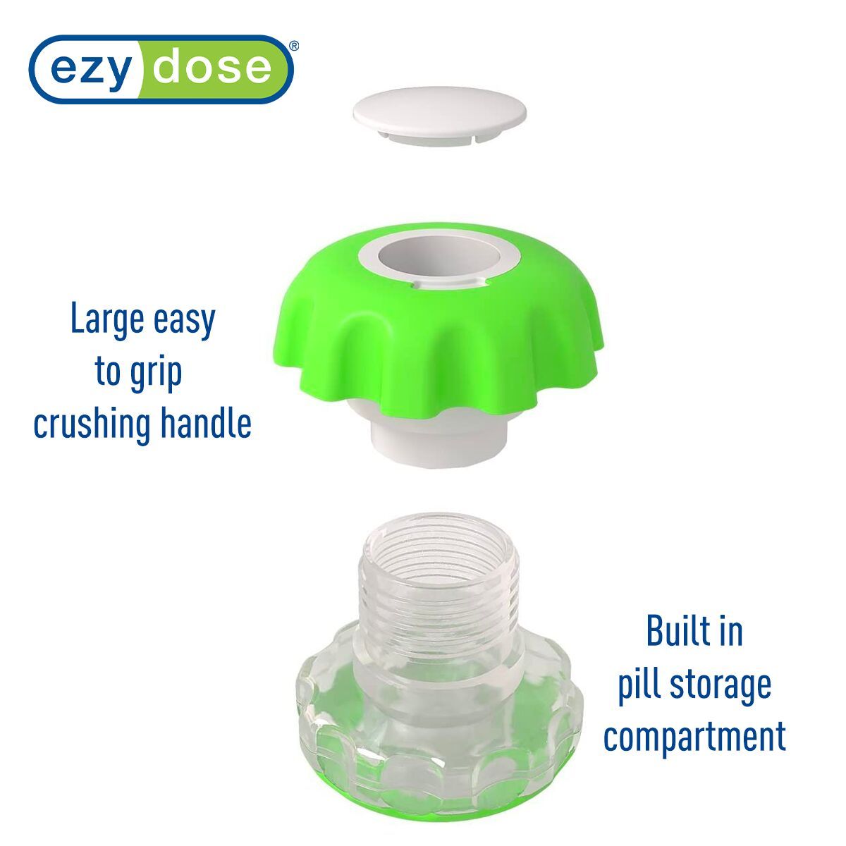 Pill crusher has larger easy to grip crushing handle and built in storage compartment