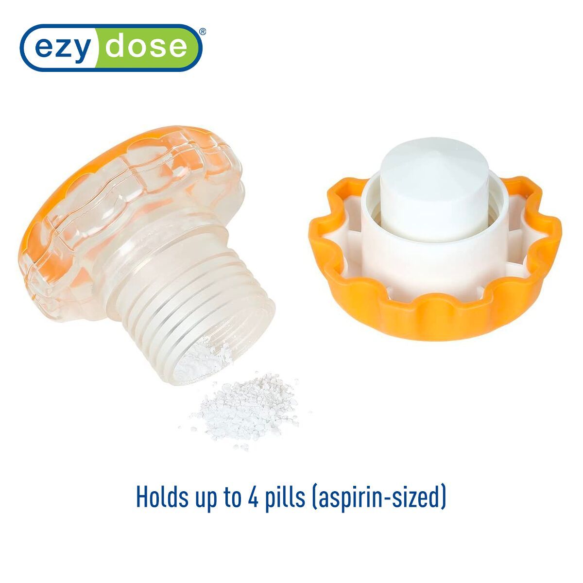 The pill crusher storage compartment can hold up to 4 aspirin-sized pills