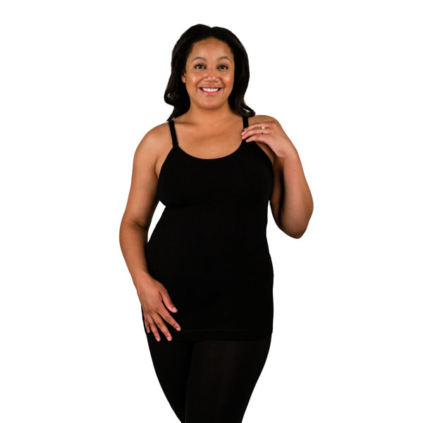 Front of woman wearing black seamless nursing tank top