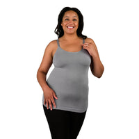 Front of woman wearing grey seamless nursing tank top