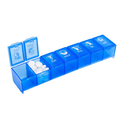 Weekly pill organizer with compartments open