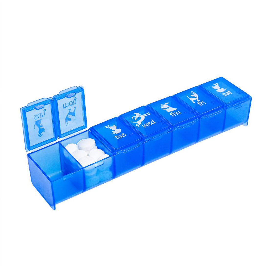 Weekly pill organizer with compartments open