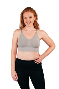 Front of woman wearing grey bra for everyday wear