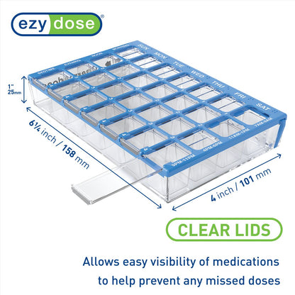 Pharmadose pill organizer has clear lids which allows easy visibility of medications