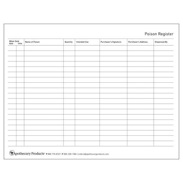 Poison/Narcotic Register | 50 Pages | Record Exempt Narcotics ...