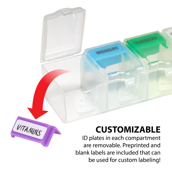 Pill organizer with customizable ID plates in each compartment that are removable