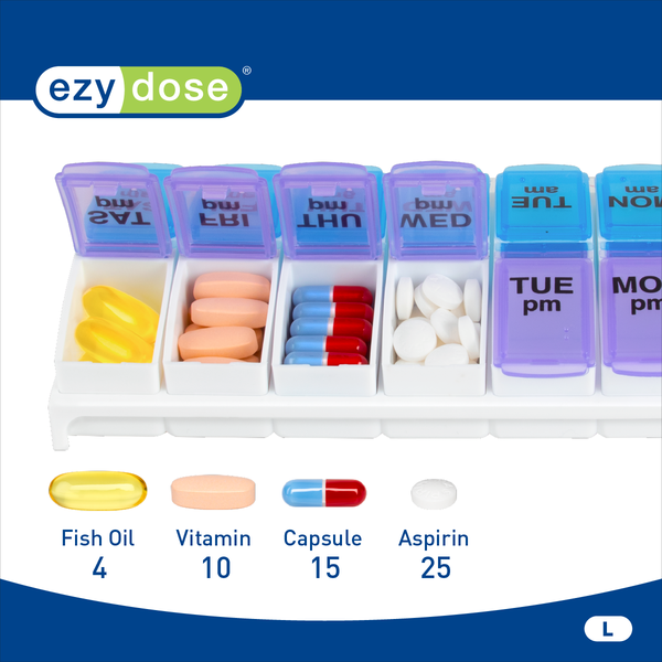 Weekly AM/PM Travel Pill Planner holds lots of pills and vitamins